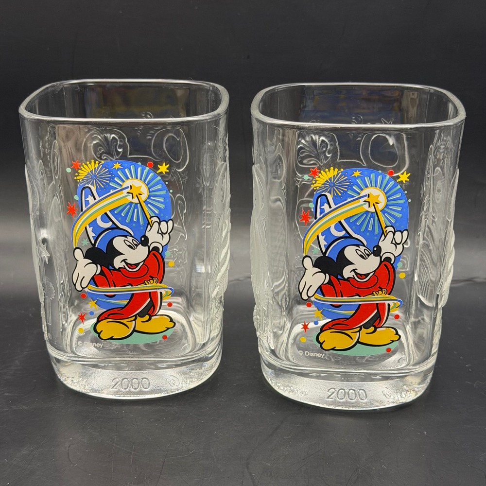 Disney McDonalds 2000 Millennium Celebration Glass Mug Mickey Mouse Set of 2 Y2k
